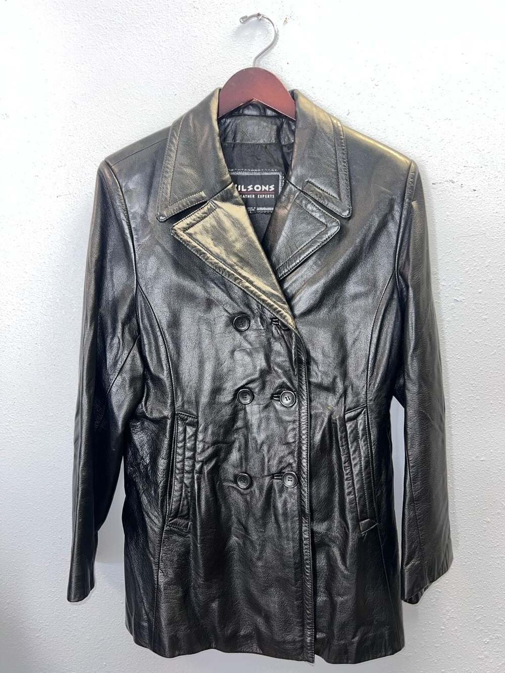 Vintage Wilsons Leather Jacket Womens Large Black Double Breasted Peacoat Coat⁠